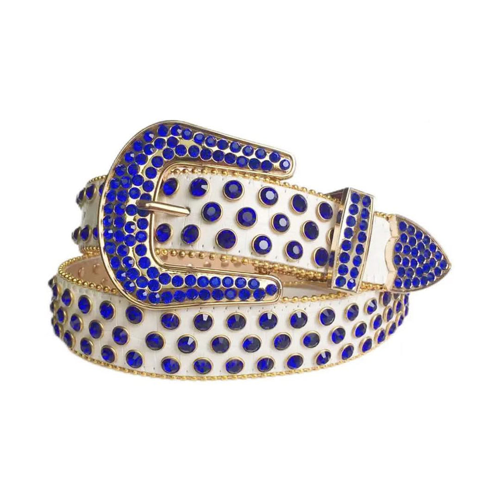Blue Rhinestones with White Texture Strap Rhinestone Belt | TRB Belts