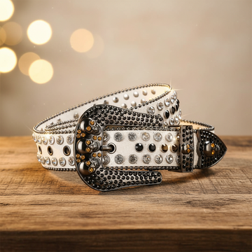 Skull Buckle White Strap with Crystal and Black Studs Rhinestone Belt