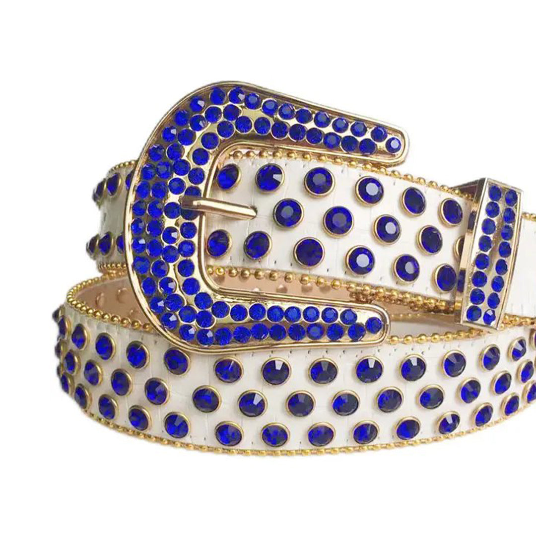 Blue Rhinestones with White Texture Strap Rhinestone Belt-Belts-The Rhinestone Belts