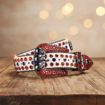 Skull Buckle White Strap with Red and Blue Studs Rhinestone Belt