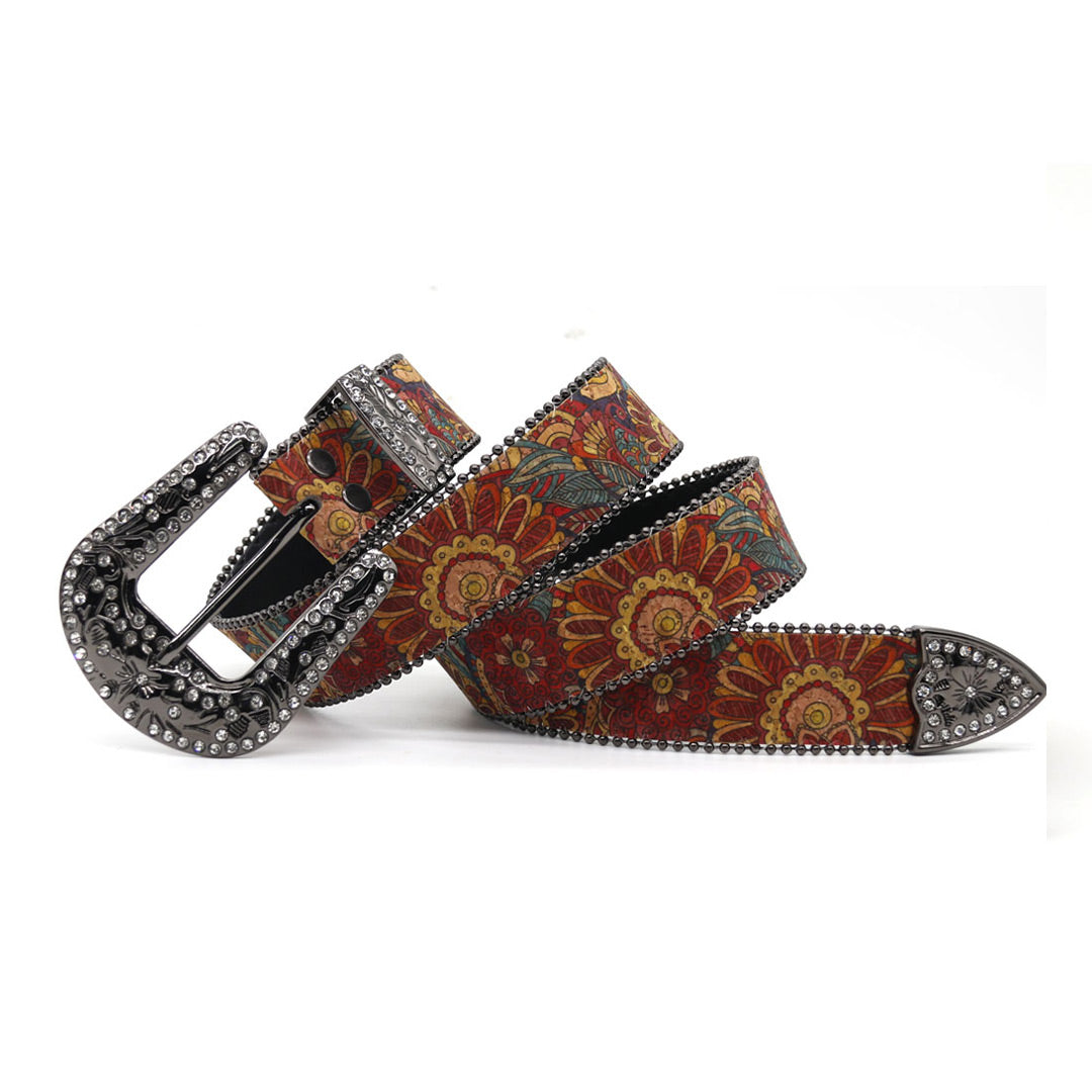 Flower Art Engraved Buckle with White Strap Rhinestone Belt-Belts-The Rhinestone Belts