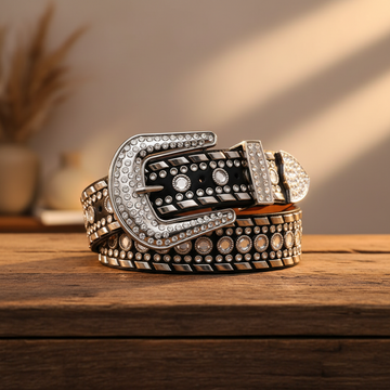 Silver Studs with Black Strap Rhinestone Belt – Luxury Handmade Designer Gift Bling