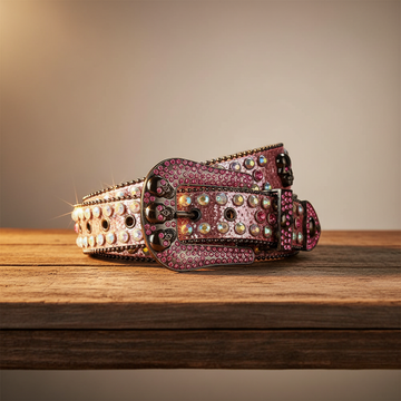 Skull Buckle Pink Strap with Multi Studs Rhinestone Belt – Luxury Handmade Designer Gift Bling