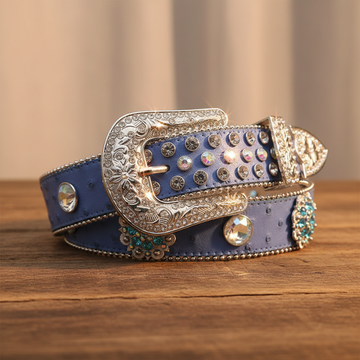 Engraved Buckle Flower Blue Strap with Multi and Crystal Studs Rhinestone Belt – Luxury Handmade Designer Gift Bling Men/Women