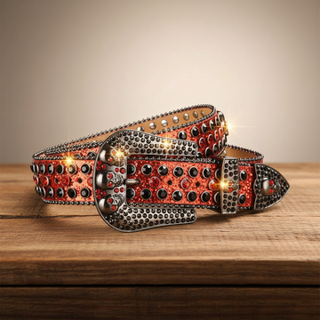 Skull Buckle Shiny Orange Strap with Orange and Black Studs Rhinestone Belt
