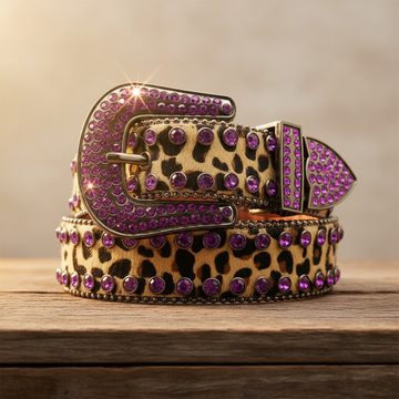 Lila Strasssteine mit Cheetah-Riemen-Strassgürtel