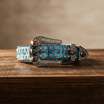 Skull Buckle Shiny Blue Strap with Blue and Crystal Studs Rhinestone Belt – Luxury Handmade Designer Gift Bling