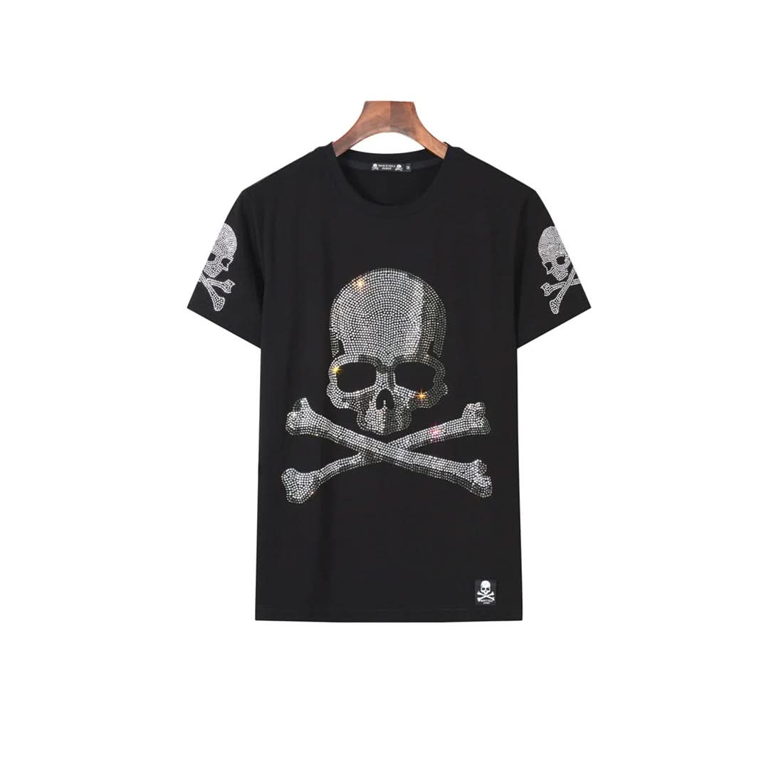 Skull With Bone Black Rhinestone T-shirt-T-shirts-The Rhinestone Belts