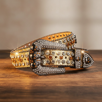 Skull Buckle Gold Strap with Gold and Crystal Studs Rhinestone Belt – Luxury Handmade Designer Gift Bling