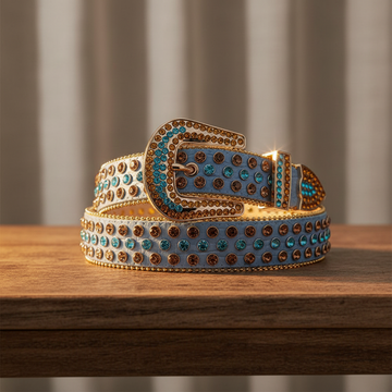 Blue and Gold Rhinestones with Blue Textured Strap Rhinestone Belt – Luxury Handmade Designer Gift Bling Men Women