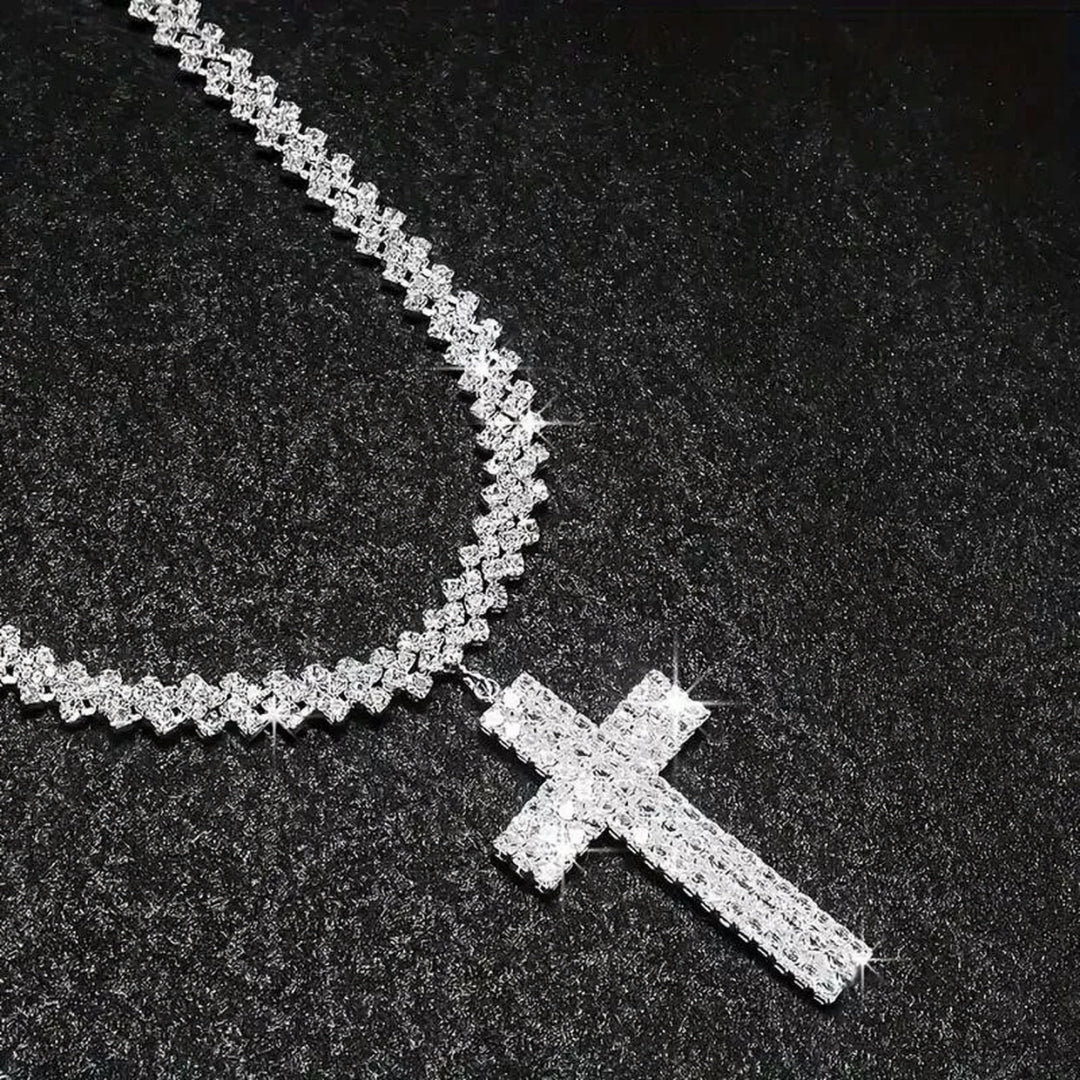 Silver Luxury Multilayer Rhinestone Cross Pendant Necklace-Rhinestone Cross Pendants-The Rhinestone Belts