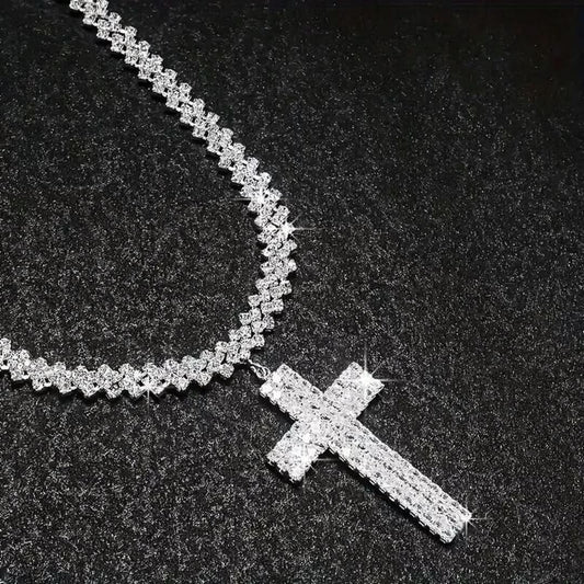 Silver Luxury Multilayer Rhinestone Cross Pendant Necklace-Rhinestone Cross Pendants-The Rhinestone Belts