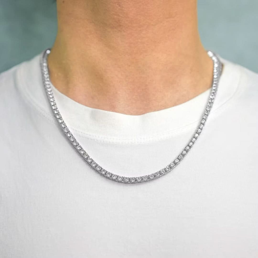 Silver-tone 4mm rhinestone tennis chain necklace, close to neck