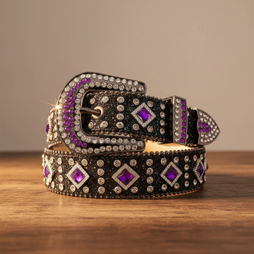 Purple Sapphire Rhinestones with Black Glitter Strap Rhinestone Belt – Luxury Handmade Designer Gift Bling
