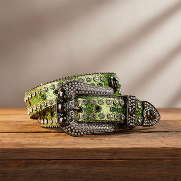 Skull Buckle Shiny Green Strap with Green and Crystal Studs Rhinestone Belt