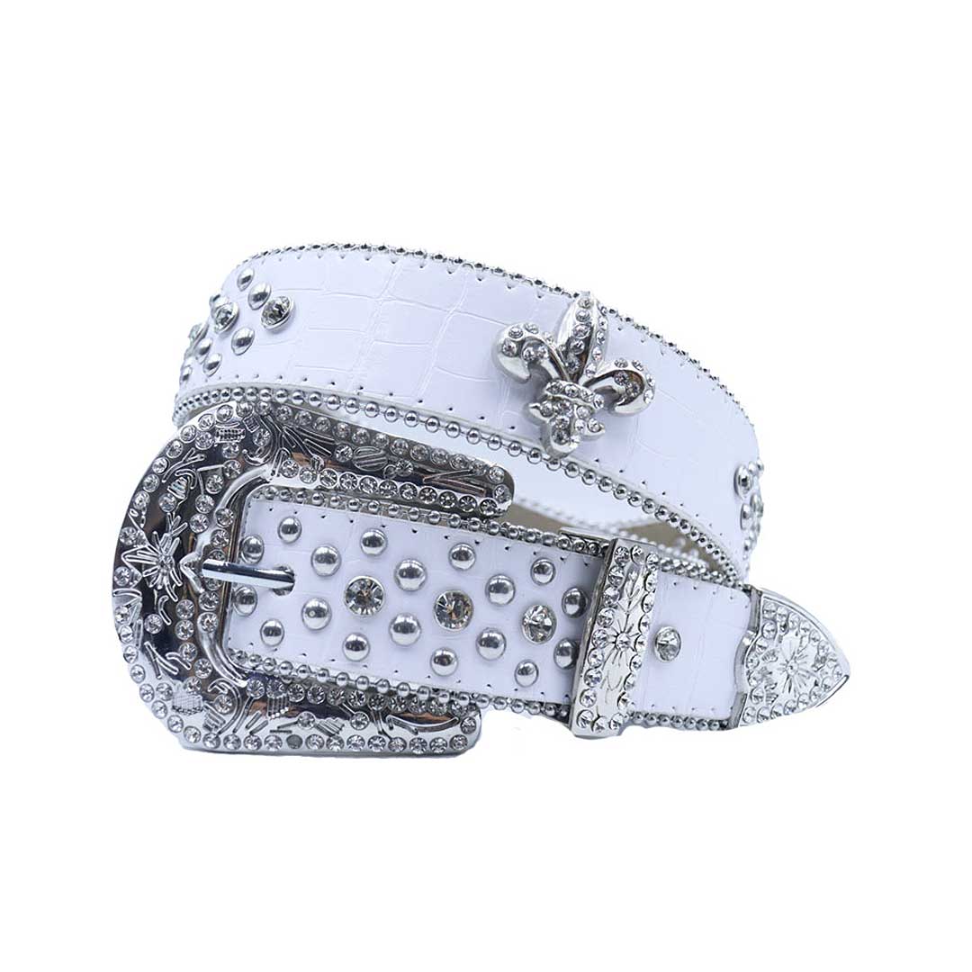 Engraved Buckle Crown White Strap with Crystal and Metal Studs Rhinestone Belt-Belts-The Rhinestone Belts