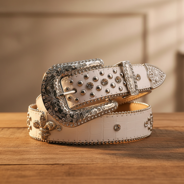 Engraved Buckle Crown White Strap with Crystal and Metal Studs Rhinestone Belt