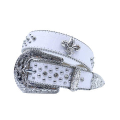 Engraved Buckle Crown White Strap with Crystal and Metal Studs Rhinestone Belt