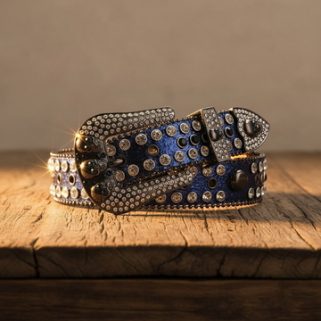 Skull Buckle Shiny Navy Strap with Crystal Studs Rhinestone Belt – Luxury Handmade Designer Gift Bling