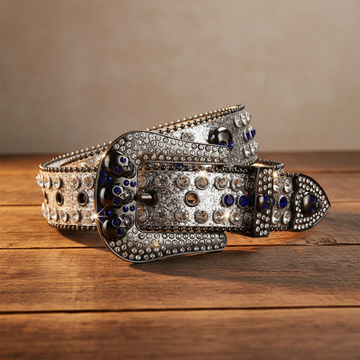 Skull Buckle Shiny Silver Strap with Blue and Crystal Studs Rhinestone Belt – Luxury Handmade Designer Gift Bling