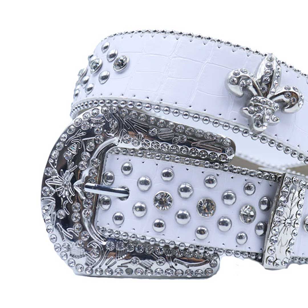 Engraved Buckle Crown White Strap with Crystal and Metal Studs Rhinestone Belt-Belts-The Rhinestone Belts