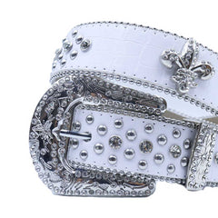 Engraved Buckle Crown White Strap with Crystal and Metal Studs Rhinestone Belt