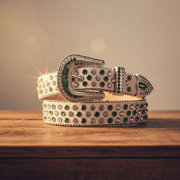 Green and Diamond Rhinestones with White Textured Strap Rhinestone Belt