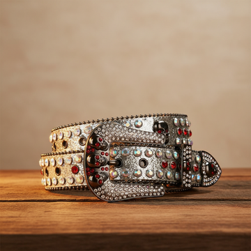 Skull Buckle Shiny Silver Strap with Multi and Red Studs Rhinestone Belt – Luxury Handmade Designer Gift Bling