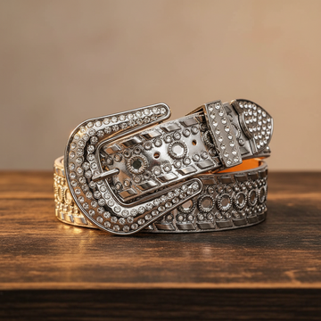 Diamond Rhinestones and Silver Studs with Grey Strap Rhinestone Belt – Luxury Handmade Designer Gift Bling Men/Women