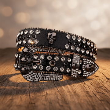 Skull Buckle Black Strap with Black and Crystal Studs Rhinestone Belt – Luxury Handmade Designer Gift Bling