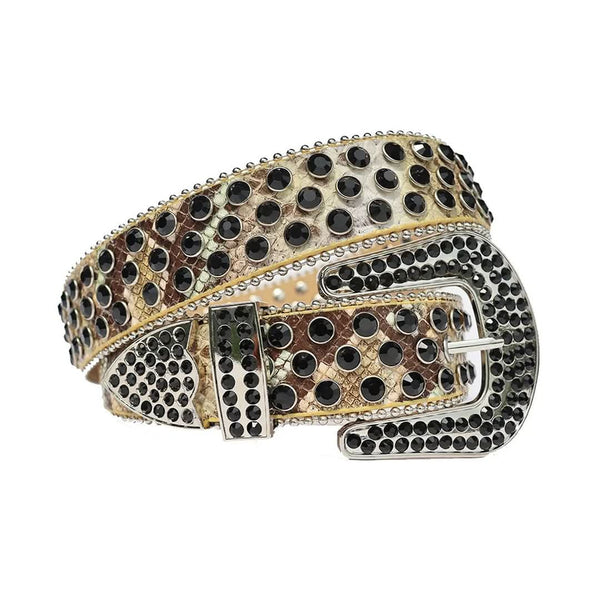 Black Rhinestones with Golden Snake Texture Strap Cowgirl Rhinestone B