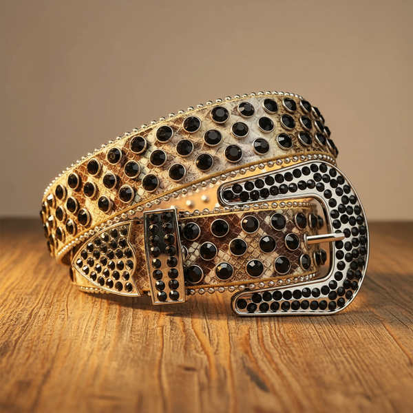 Black Rhinestones with Golden Snake Texture Strap Cowgirl Rhinestone Belt