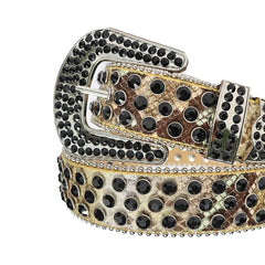 Black Rhinestones with Golden Snake Texture Strap Rhinestone Belt