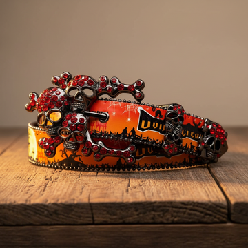Halloween Totenkopf Schnalle Strass Gürtel – Rot genieteter Riemen | Luxus Kristallgürtel