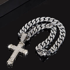 Rhinestone Cuban Link Chain Cross Pendant Necklace