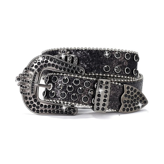 Black glitter rhinestone belt with crown motif and round studs, adjustable buckle