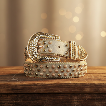 Bunter Strass und Kupfernieten mit grauem Riemen-Strassgürtel