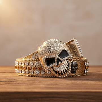 Skull Buckle Shiny Gold Strap with Gold and Crystal Studs Rhinestone Belt