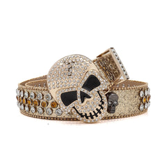 Skull Buckle Shiny Gold Strap with Gold and Crystal Studs Rhinestone Belt