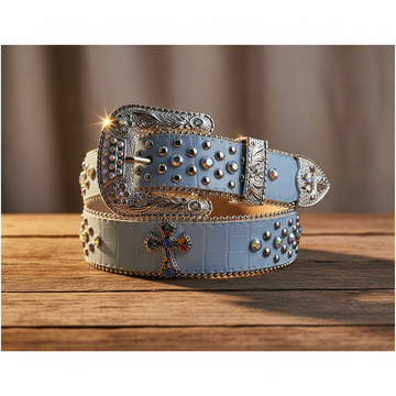 Engraved Buckle Cross White Strap with Multi and Metal Studs Rhinestone Belt