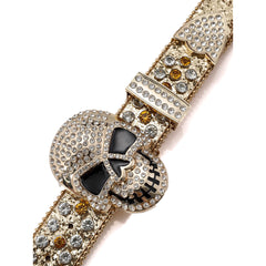 Skull Buckle Shiny Gold Strap with Gold and Crystal Studs Rhinestone Belt