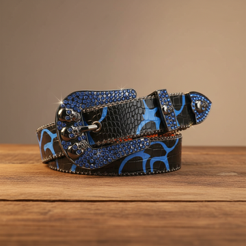 Skull Buckle Black Strap with Blue Studs Rhinestone Belt