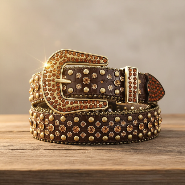 Brown Rhinestones with Gold Studs and Brown Textured Strap Rhinestone Belt
