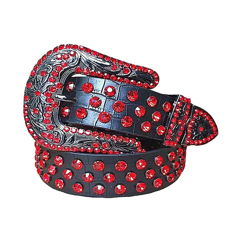 Red Rhinestones with Black Textured Strap Rhinestone Belt | TRB Belts