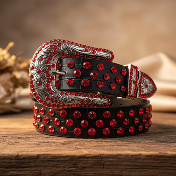 Red Rhinestones with Black Textured Strap Rhinestone Belt – Luxury Handmade Designer Gift Bling