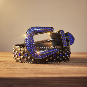 Blue Rhinestones with Silver Studs and Black Textured Strap Rhinestone Belt – Luxury Handmade Designer Gift Bling Men Women