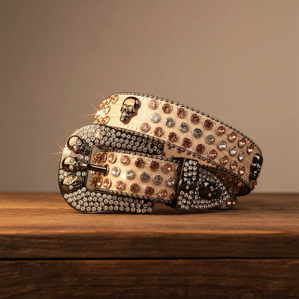 Skull Buckle Beige Strap with Brown and Crystal Studs Rhinestone Belt