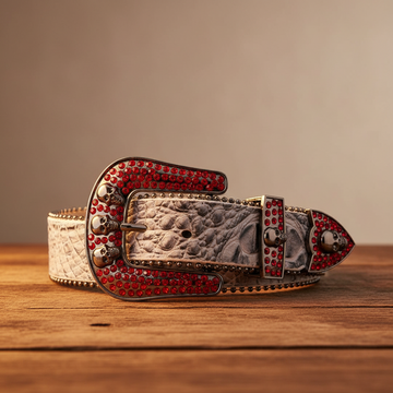 Red Rhinestones with Grey Textured Strap and Skull Buckles Rhinestone Belt