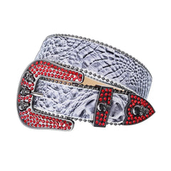 Red Rhinestones with Grey Textured Strap and Skull Buckles Rhinestone Belt