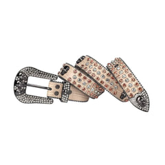 Skull Buckle Beige Strap with Brown and Crystal Studs Rhinestone Belt